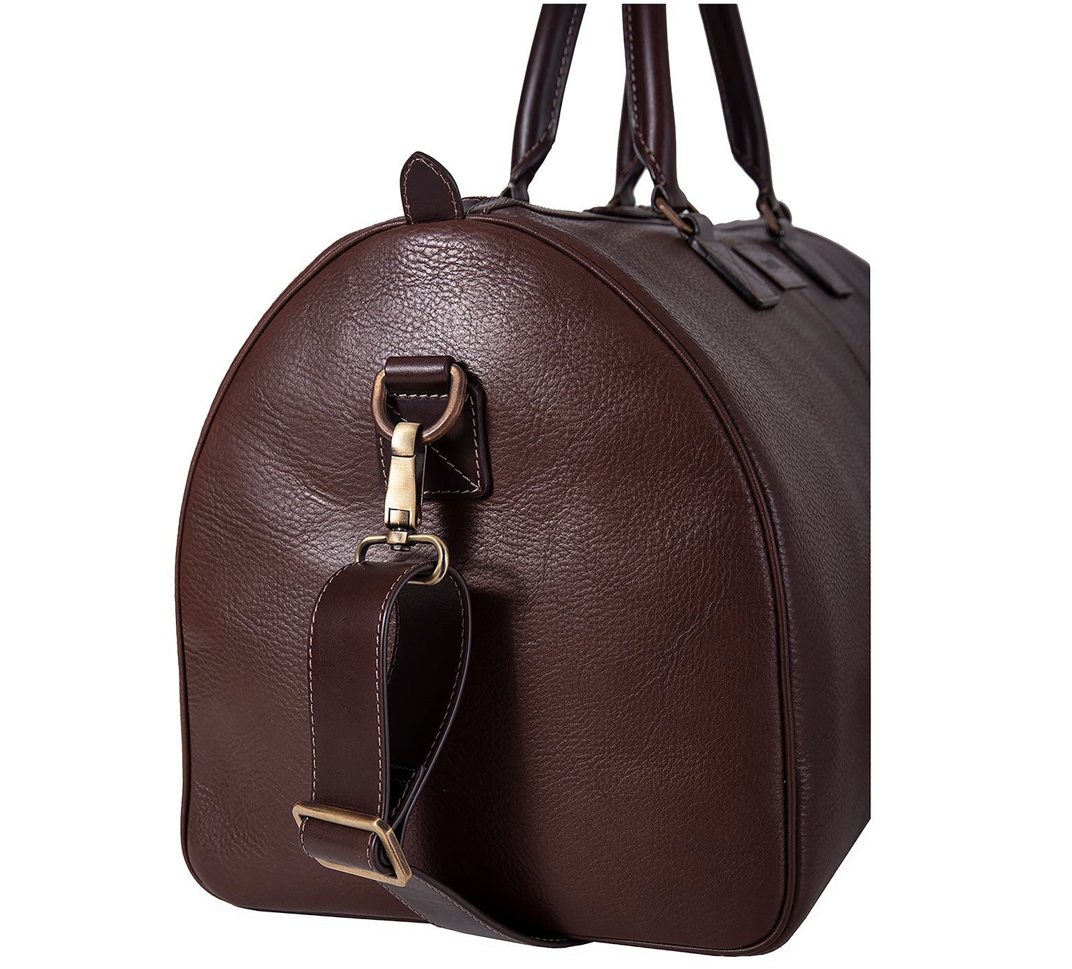 The Portland Mens Leather Travel Bag from Rydal in 'Dark Brown' showing close up of the side of bag.